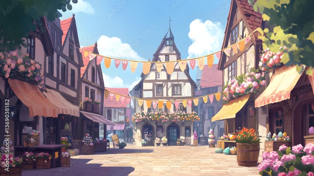 Naklejka premium Sunny medieval town square celebration