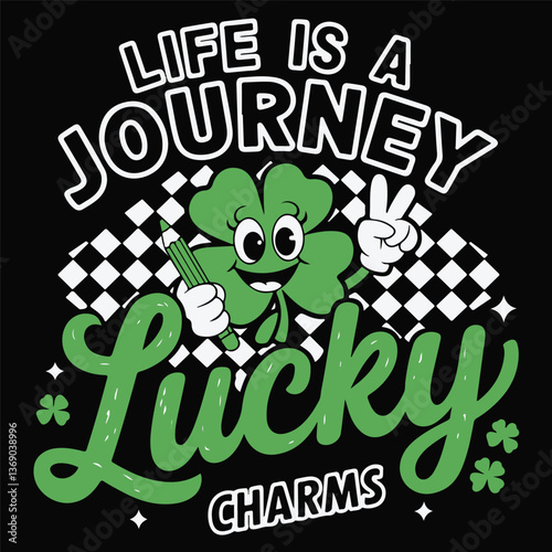 Cartoon four-leaf clover mascot, Lucky Charms cereal parody, Life is a Journey text, checkerboard background