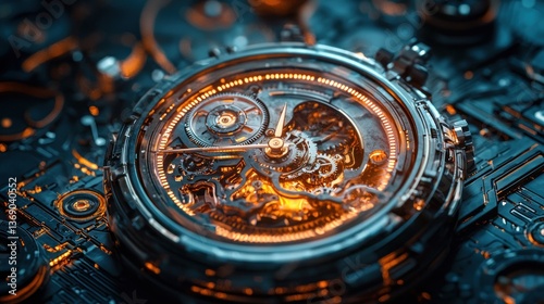 Wallpaper Mural Detailed futuristic clockwork mechanism, glowing gears and circuitry Torontodigital.ca