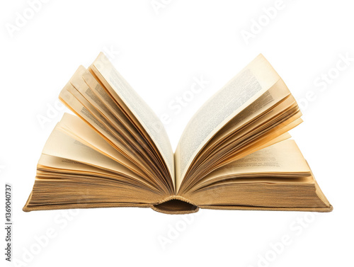 Old book with yellowed pages opened on a table for reading, cut out