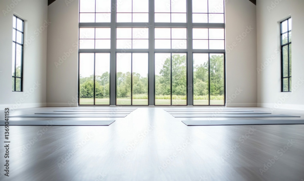 Fototapeta premium Sunlit yoga studio presents a calming scene with mats arranged for a refreshing wellness class.