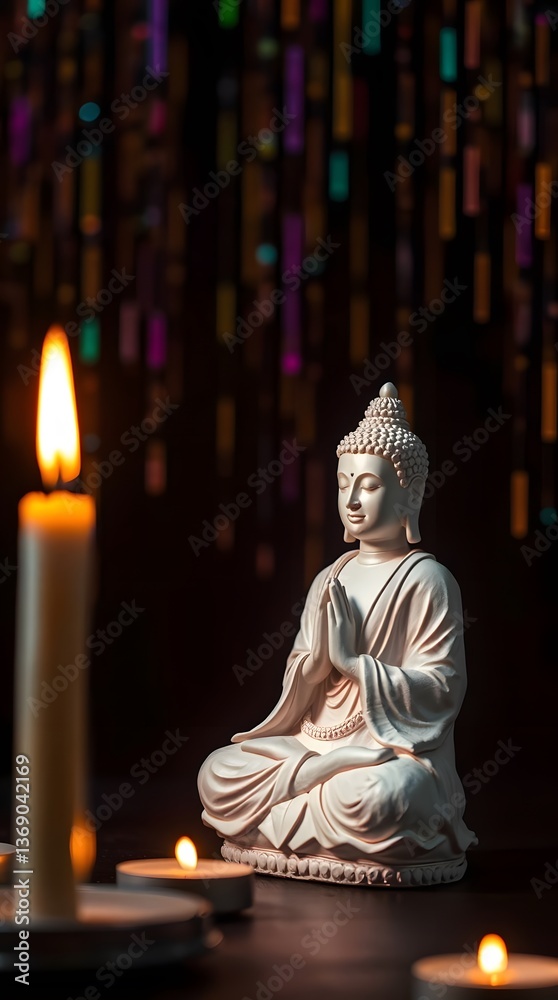 Fototapeta premium Buddha Purnima Buddha statue meditation floral background
