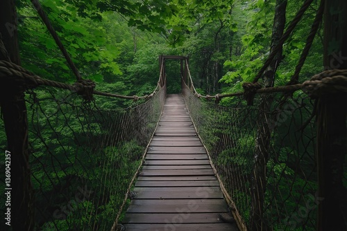 Wooden hanging rope bridge in lush green forest