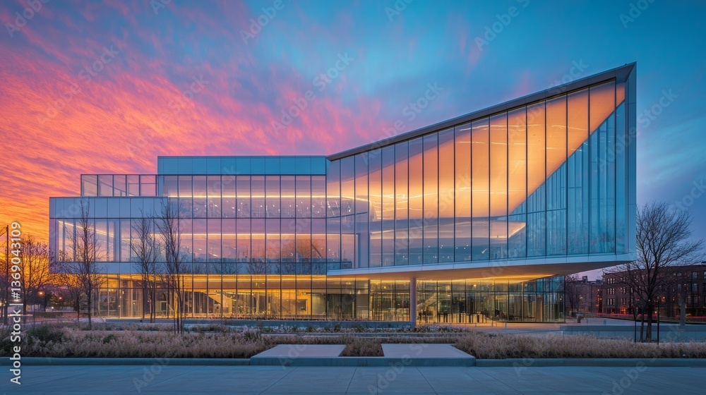 Modern architectural design shines against a colorful sunset sky in an urban setting