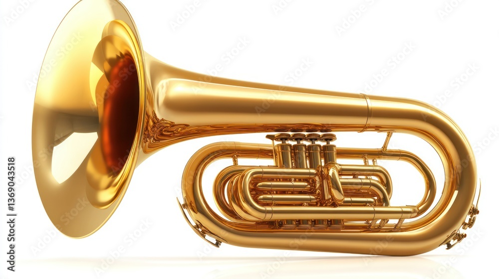 Obraz premium A gleaming golden tuba lies on a white background, ready to be played.