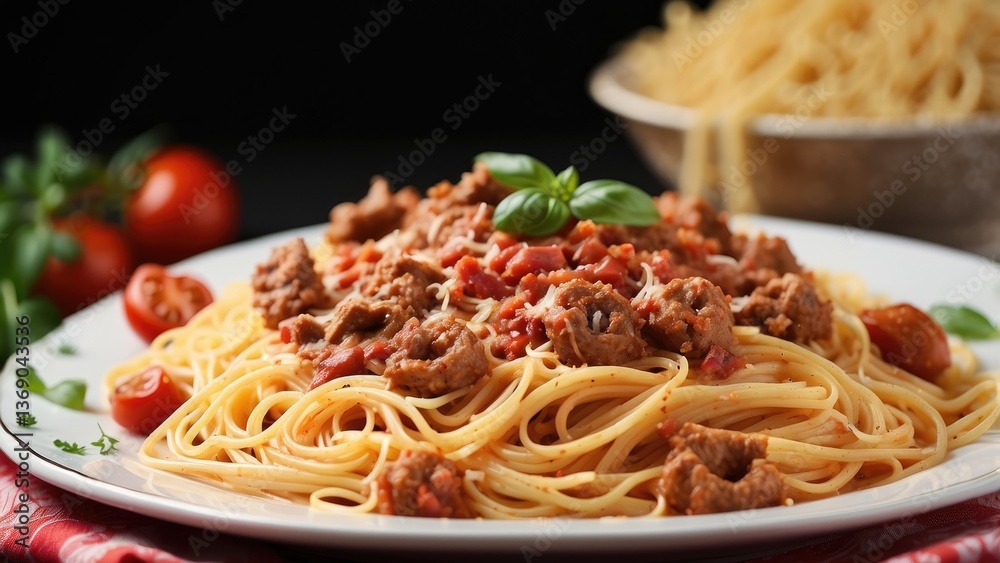 A close-up of a plate of spaghetti coated in a rich, A close-up of a plate of spaghetti coated in a rich,