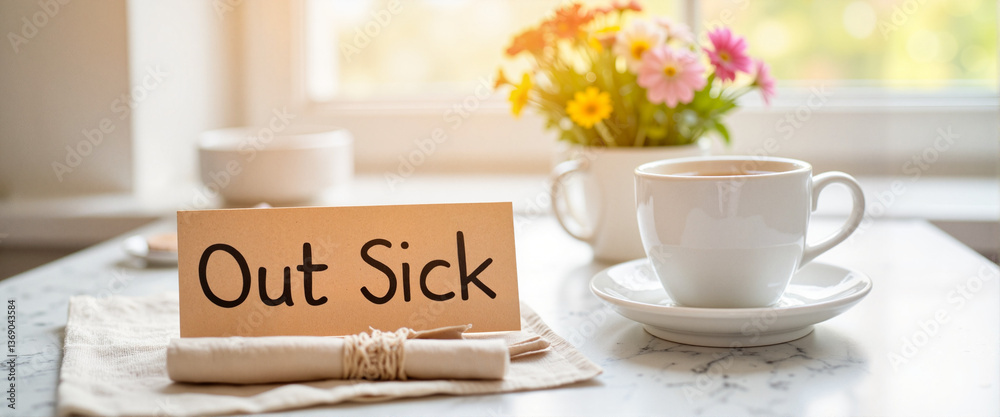 Obraz premium Cozy 'Out Sick' card on kitchen counter with tea and flowers, comfort