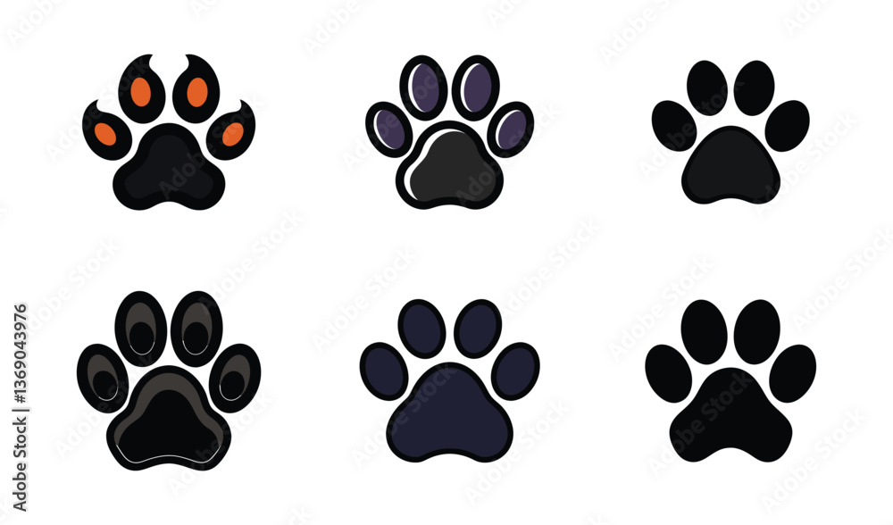 Fototapeta premium Black and white animal paw prints silhouette design with cat and dog footprints in a nature-themed pattern