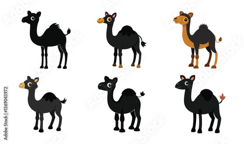 Six cute cartoon camels different colors styles
