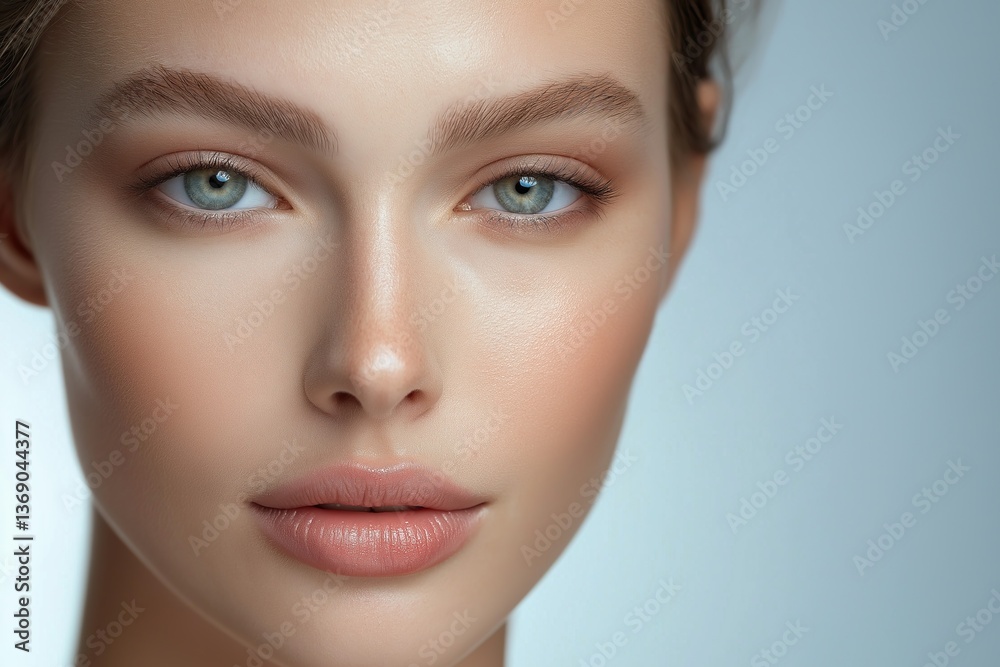 A close-up portrait of a woman with clear, glowing skin and blue eyes, looking softly at the camera A close-up portrait of a woman with clear, glowing skin and blue eyes, looking softly at the camera