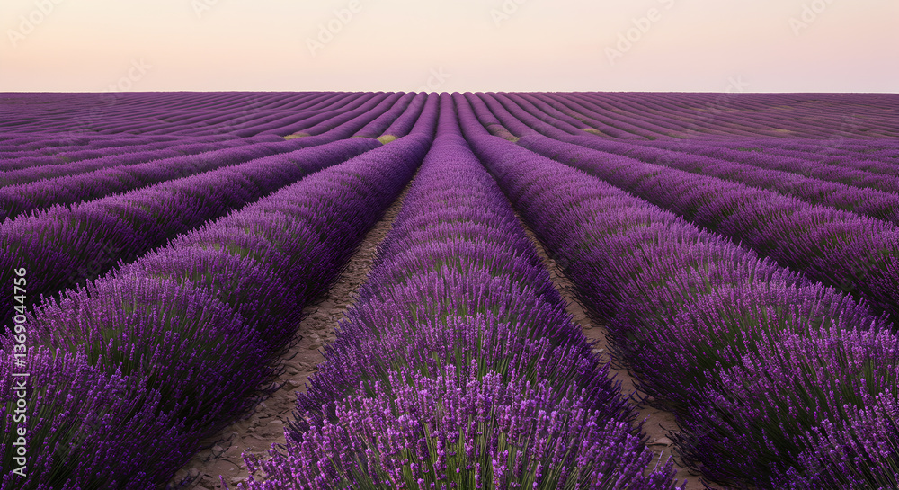 Fototapeta premium Endless purple horizon: Serene lavender field stretching towards a gradient sky