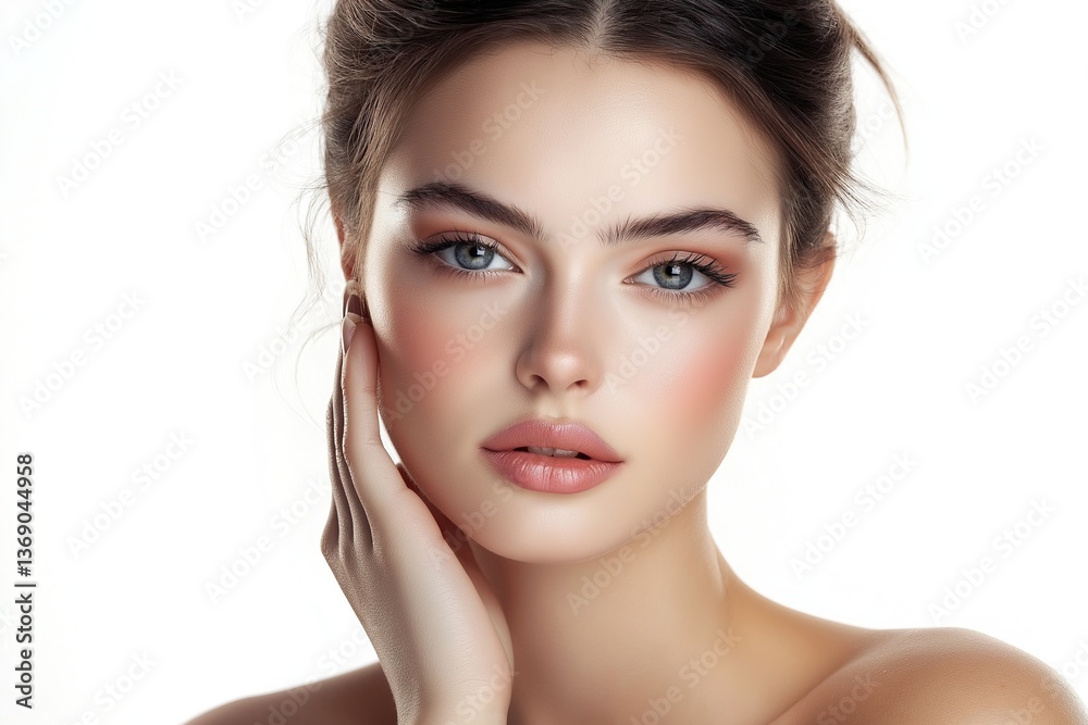Elegant woman with perfect makeup gently touching her face Elegant woman with perfect makeup gently touching her face