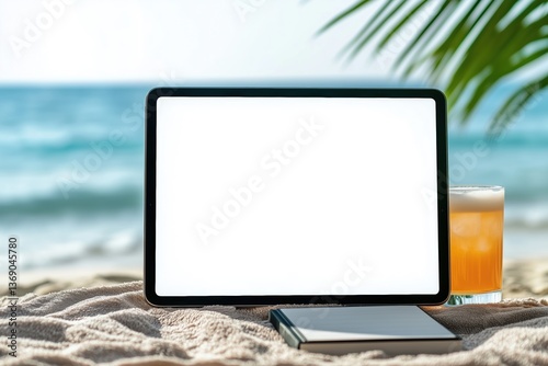 Fototapeta Naklejka Na Ścianę i Meble -  A blank tablet iPad mockup on a sandy beach with a notebook and a refreshing drink beside it, with the ocean in the background.