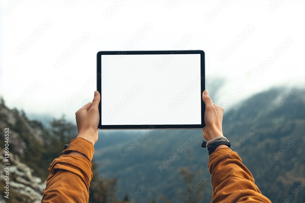Fototapeta premium A person holding a blank tablet iPad mockup in front of a scenic mountain landscape. The background features misty mountains and greenery, creating a serene atmosphere.