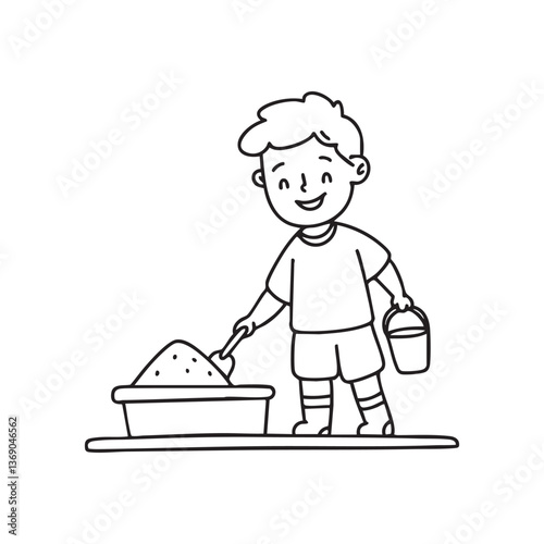 child carrying a pail of sand and shovel at sandbox