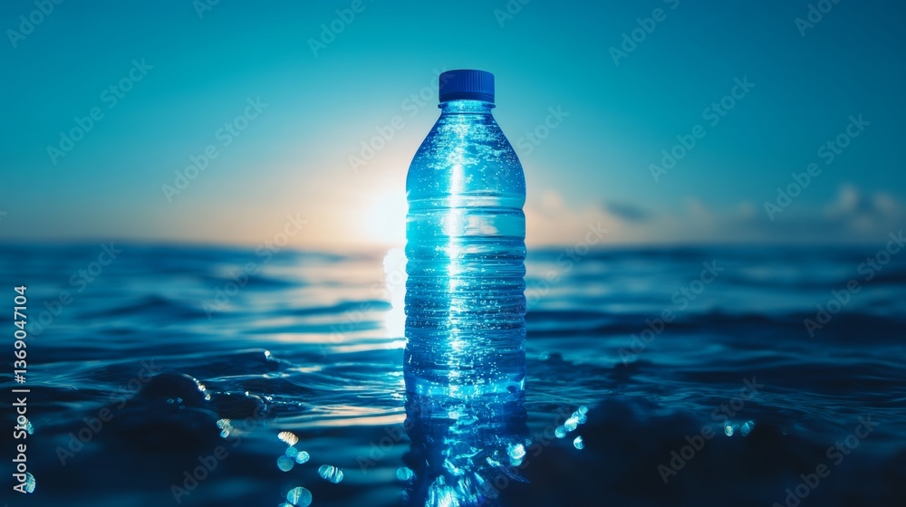 Water bottle illuminated by sunlight in a tranquil ocean at sunset, creating a stunning visual effect Water bottle illuminated by sunlight in a tranquil ocean at sunset, creating a stunning visual effect