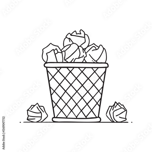 A wastebasket overflowing with crumpled paper balls