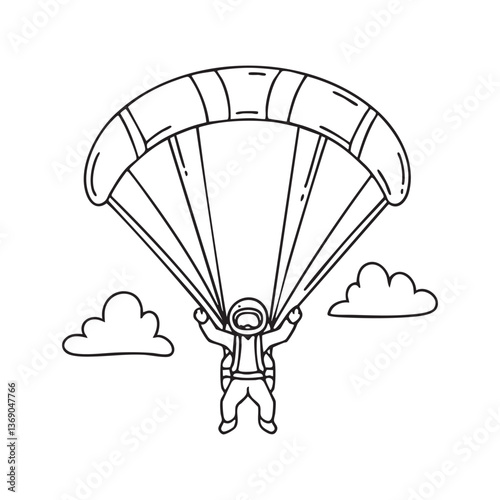 parachute fully deployed as a skydiver descends among clouds