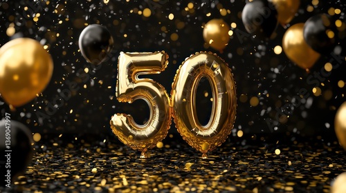 Golden balloons in shape of number 50 surrounded by black balloons, golden confetti. Black, golden decorations for fiftieth birthday golden wedding anniversary celebration. Festive event design.