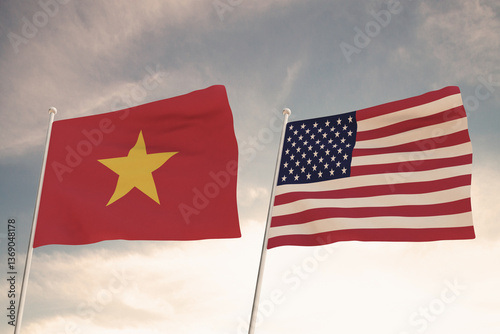 Relations between the countries of the United States of America USA and VIETNAM represented by the concept of two flags waving against a cloudy sky.3d render.