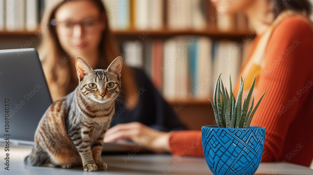 Cat accompanies a woman working on her laptop at her home office desk, enjoying the companionship of her pet and digital financial freedom
