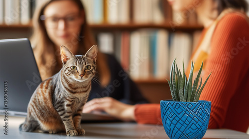 Obraz na płótnie Cat accompanies a woman working on her laptop at her home office desk, enjoying the companionship of her pet and digital financial freedom w salonie