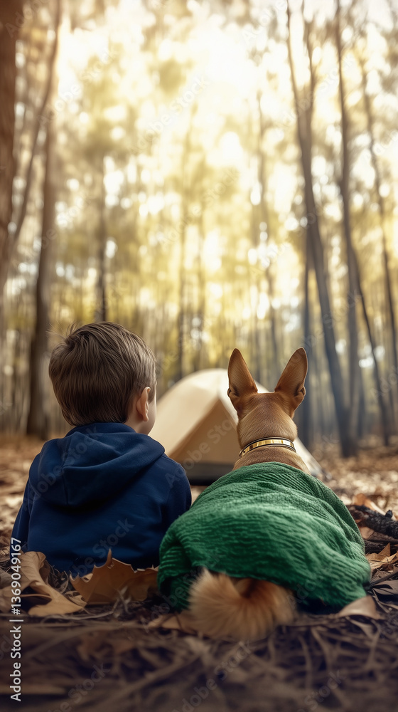 Rear view of a boy with his dog in an outdoor campsite, enjoying his pet and vacation in nature with a sense of adventure