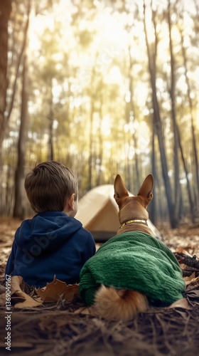 Obraz na płótnie Rear view of a boy with his dog in an outdoor campsite, enjoying his pet and vacation in nature with a sense of adventure w salonie