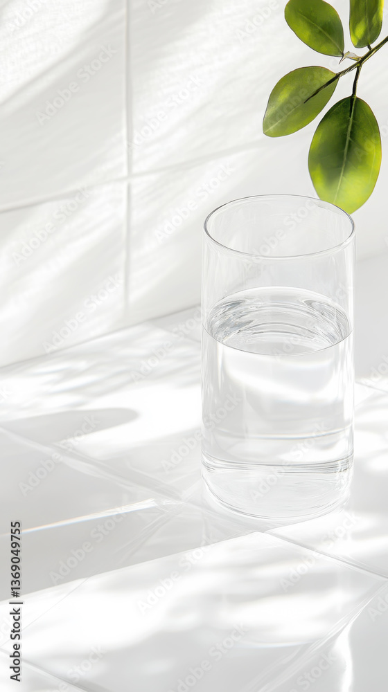 Reflections through glass: minimalist water and leaf composition for design inspiration