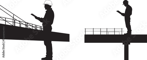 Silhouette of a civil engineer inspecting a bridge with a clipboard vector silhouette