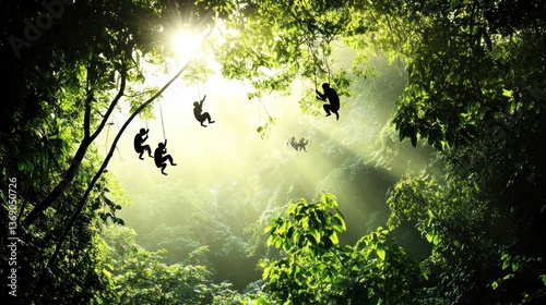 Swinging Silhouettes in a Lush Forest Canopy with Sunlight Filtering Through the Leaves Advent