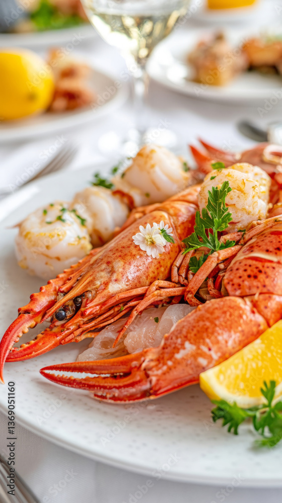 Gourmet seafood platter with lobster and scallops garnished with herbs and lemon Gourmet seafood platter with lobster and scallops garnished with herbs and lemon