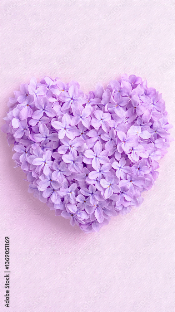 Fototapeta premium Lavender heart-shaped flower arrangement on soft pink background