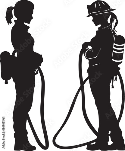 Silhouette of a female firefighter holding a hose, ready for action vector silhouette