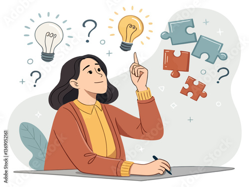 Creative woman with finger raised while brainstorming a brilliant idea. Problem-solving concept with thoughtful expression and hand gesture. Flat vector illustration isolated on white background.