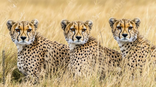Trio of Wild Cats in Golden Grasslands A Stunning Display of Natures Beauty and Wildlife Phot
