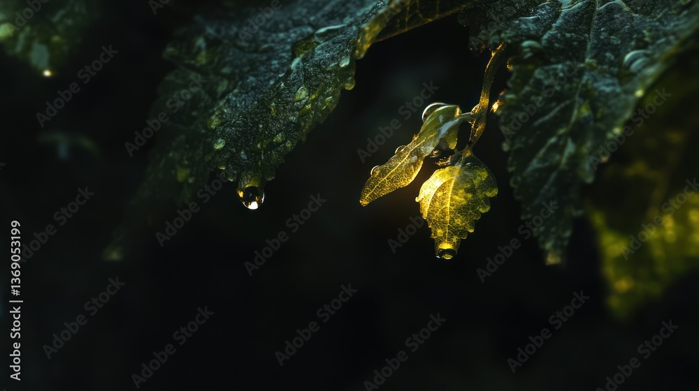 Fototapeta premium Close-up of dewy green leaves with water droplets glistening in soft lighting.