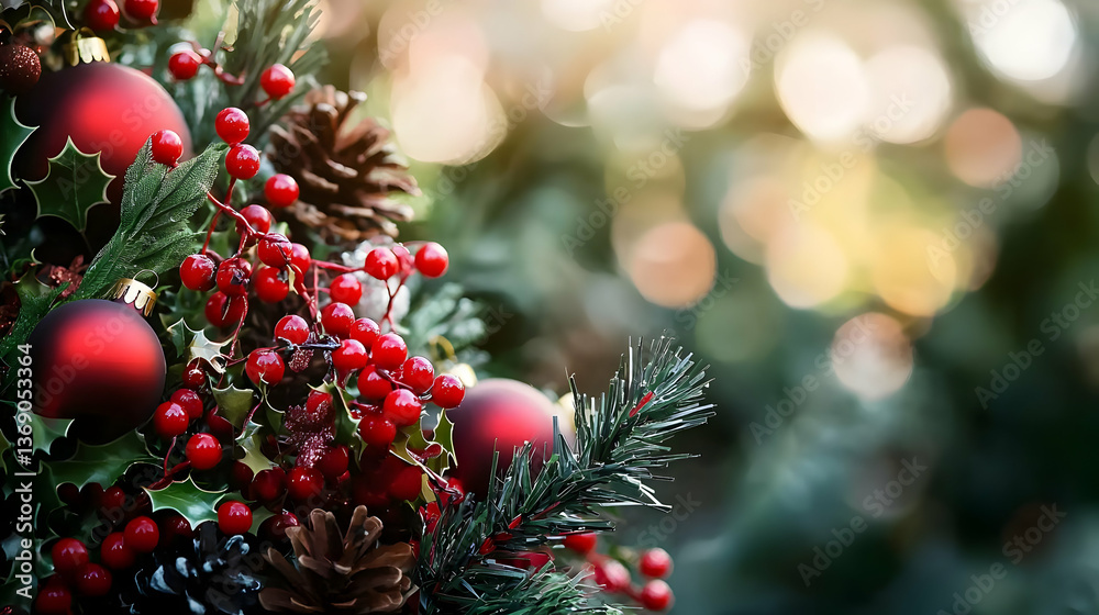 Fototapeta premium Close Up Christmas Decorations With Red Ornaments And Berries