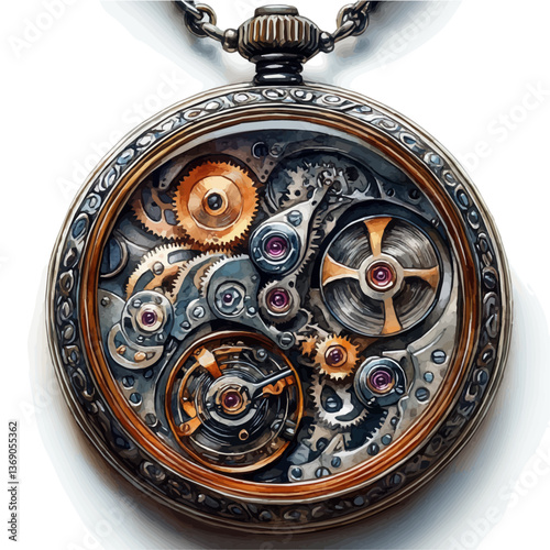 A watercolor vector illustration of Old pocket watch with intricate gears, isolated on a white background.

