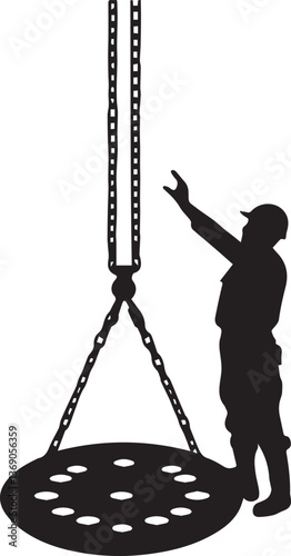 Silhouette of a crew lifting a manhole cover for road maintenance vector silhouette