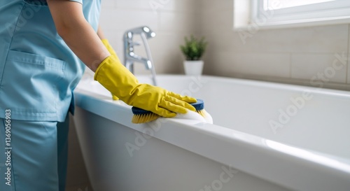 Woman cleaning bathtub with brush and gloves. Spring cleaning in bathroom. Housekeeping and hygiene concept. Home maintenance and sanitizing. Domestic chores.