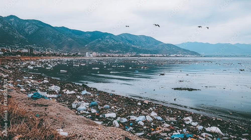 Fototapeta premium A polluted beach coastline littered with plastic waste, contrasted against a scenic mountainous backdrop. Environmental damage and pollution concept.