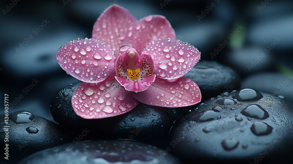 a close-up photograph of water droplets on the petals of an orchid and the surface of the stones and bamboo, highlighting texture and freshness. a close-up photograph of water droplets on the petals of an orchid and the surface of the stones and bamboo, highlighting texture and freshness.