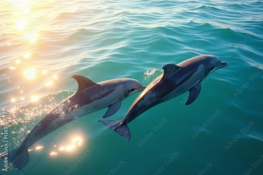 Obraz premium Pair of dolphins swimming near the shore with sunlight shining on them, beautiful, sunlight