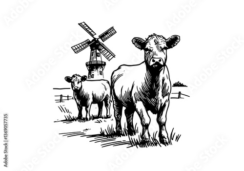 Angus cattle hand drawn sketch vector illustration