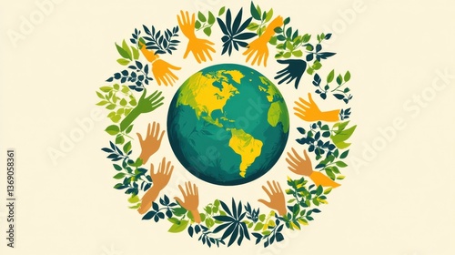 Hands of Unity Surrounding the Earth with Lush Greenery, Symbolizing Environmental Awareness, Sustainability, and Global Cooperation for a Healthier Planet