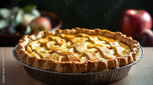 A beautifully crafted apple pie with golden crust, freshly baked, displayed on a wooden table with a dark blurry background.