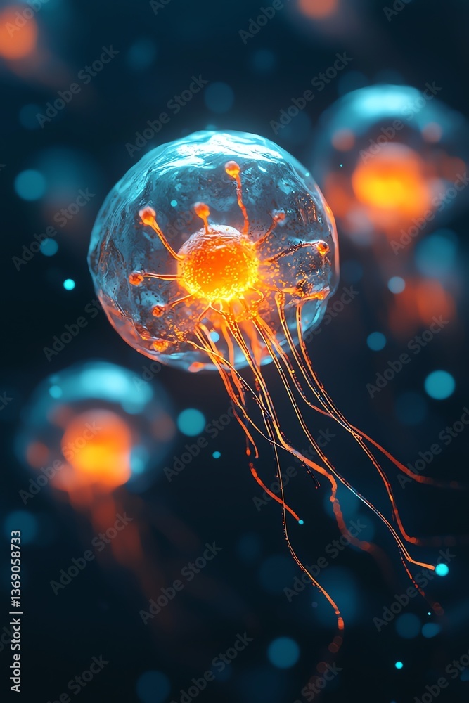 Fototapeta premium hyperrealistic 3D render of bioluminescent genetic material, glowing atoms and lines connecting through space, surreal biotech art