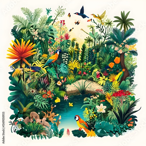 Vibrant tropical jungle birds and flowers