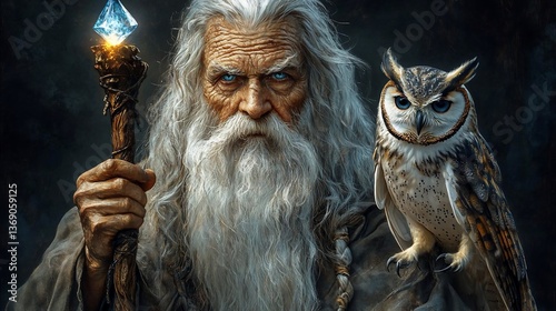 Elderly Wizard with Owl and Glowing Gemstone Staff